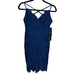 Lulus Blue Lace Hi Low Hem Spaghetti Strap Criss Cross Back Dress Women’s Size S